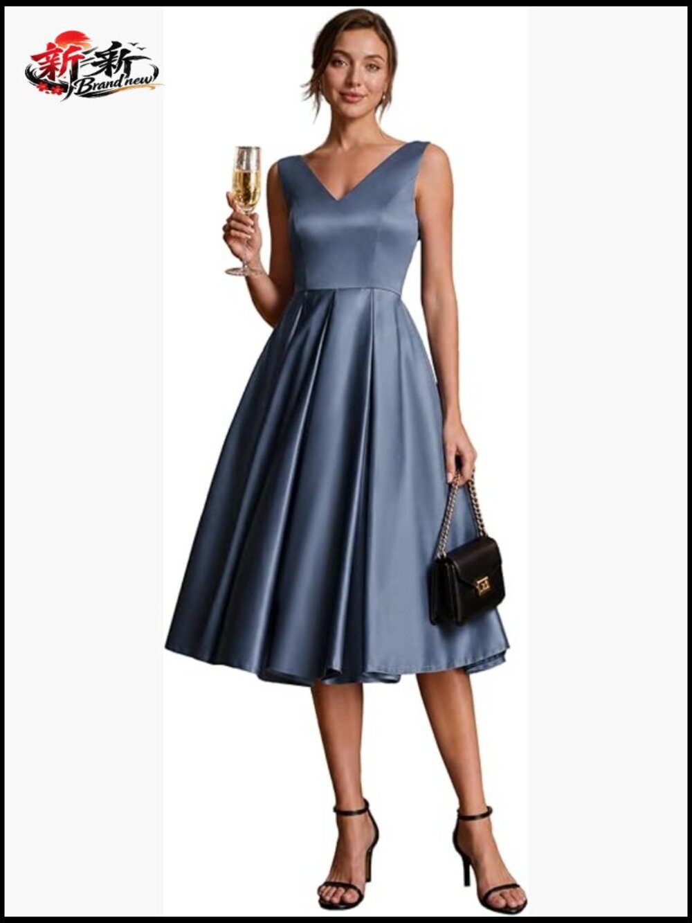 V-Neck Sleeveless Satin Midi Cocktail Dress with Pockets